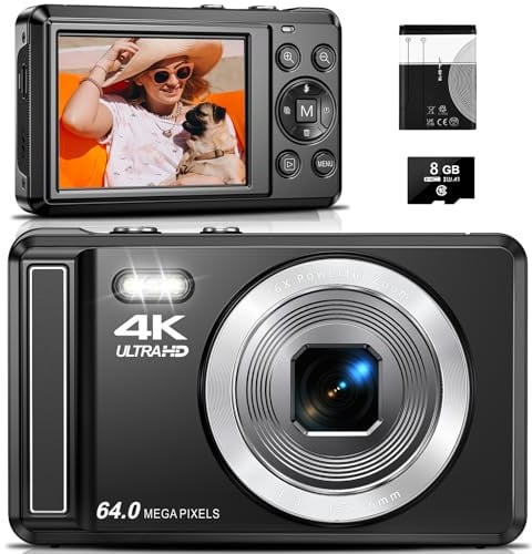 Appareil Photo Numérique Compact 4K UHD 64 MP avec Autofocus, Zoom Numérique 16X, Écran 2, 8', Carte Micro SD et Batterie Rechargeable Incluses, Webcam pour Vlogging, Débutants et Adolescents