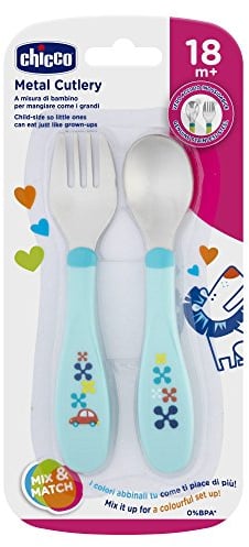Chicco Couverts en Acier Inoxydable, Couverts Enfants, Set Bouillie, Fourchette et Cuillère pour Enfants, en Acier Inoxydable, Facile à Porter, Set Sevrage Première Bouffe, 2 Pièces, 18M+, Bleu