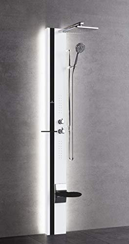 Colonna Doccia Novellini Line 1 Light Idro Led Attrezzata Miscelatore Meccanico Colore Argento Fascia Mensola Sedile Nero Opaco Soffione Ripiano Porta Oggetti Doccetta Misura 22x57,5xH215 cm