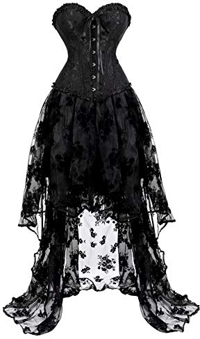 corsagenkleid Set Kleid Corsage Bustier Korsett Kleider elegant Spitze lang asymmetrisch Rock tüllrock viktorianisch Schwarz 3XL