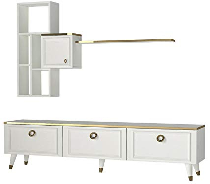 Alphamoebel 4777 Cornelia Wohnwand TV Lowboard Schrankwand Mediawand, Weiß, Holz, großes Hängeregal, viel Stauraum mit 3 Türen, für Wohnzimmer, Designerstück, runde Türgriffe, 180 x 46,5 x 35 cm