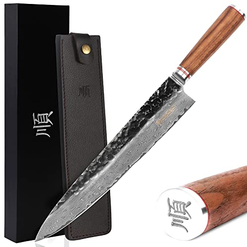 YOUSUNLONG Couteau de Chef Damas 12 Pouces - Lame coupante japonaise VG10 Super Steel - Manche Ergonomique en Bois de Noyer