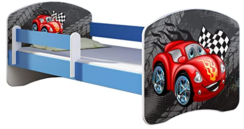 ACMA Kinderbett Jugendbett mit Einer Schublade und Matratze Blau mit Rausfallschutz Lattenrost II 140x70 160x80 180x80 (05 Rote Auto, 140x70)
