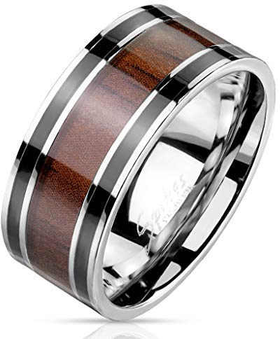 Paula & Fritz® Ring Herren Holz-Inlay 316L Chirurgenstahl Größe 70 (22,3) Silber Schwarz Braun Herren-Ring Partnerring Bandring Damenring Freundschaftsring