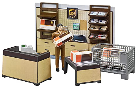 bruder 62250 - bworld UPS Paketshop avec comptoir, caisse, balance à colis, caisse grillagée, colis, employés et étagère murale