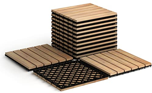 COSTWAY 10 Dalles Carreaux de Terrasse 30 × 30 CM Plancher d'Exterieur Emboitable en Bois Acacia Huilé,Revêtement Extérieur ou Intérieur pour Jardin, Piscine, Balcon (Modèle2)
