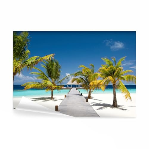 decomonkey Papier Peint Panoramique Plage Mer 450x315 cm Décoration murale | Tapisserie décorative pour chambre salon, Bois arbres paysage mer ciel palmiers îles tropicales, moderne