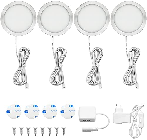URing 4er Lampe de Placard LED, Éclairage LED Cuisine Sous Meuble, Blanc Chaud, Spots LED Vitrine pour Penderie Cuisine Armoire Camping Car Entrée Couloir Toilette, 250LM par Spot, Accessoires inclus