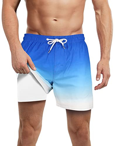 LUCOWEE Men Swim Trunks Bathing Suit with Compression Lining Swim Trunks Mens Swim Trunk No Mesh Lining Men's Swim Trunks with Boxer Brief Liner 5 Blue White Ombre Medium