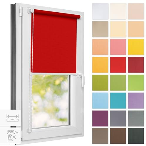 Estika Rollo für Fenster ohne Bohren - 80cm x 120cm - Rot - 25 Stofffarben, Klemmfix Montage, Fensterrollos für innen, Sichtschutz für Fenster und Balkontür (80 cm Stoffbreite)