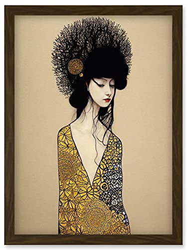 Wee Blue Coo Golden Geisha Girl Abstract Elegant Painting Artwork Framed Wall Art Print A4