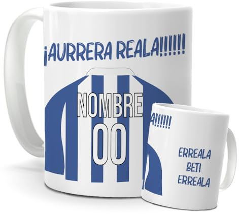 mundohuevo Taza Personalizada La Real | Tazas de Desayuno Fútbol | Regalo Original para Verdaderos Txuri Urdin| Cosas de Fútbol para Niños | Regalos Camisetas Futbolistas Mundial (Real Sociedad)
