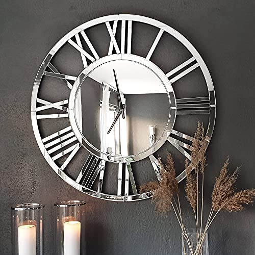 SHYFOY 80cm Große Wanduhr, übergroß Modernes Rundes, Glas Geräuschlos, Fast Nicht tickend Batteriebetrieben, Spiegel Römische Ziffern, Uhren für Wohnzimmer, Schlafzimmer, Küchen Wanduhr Dekoration