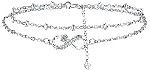 Hifeeled Unendlichkeit Armband Damen 925 Sterling Silber Romantisch Armbänder Doppelkette mit Kugelperlen für Frauen Original Schmuck Geschenk Mutter Ehefrau Freundin Verstellbarer [16+4cm]