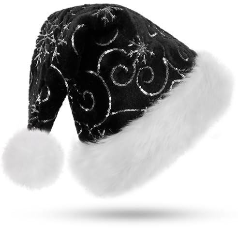 CITÉTOILE Erwachsener Weihnachtsmütze, Blattmuster mit Silberstickerei, Lange Pelz Krempe und Pelz Ball Weihnachtshut, Plüsche Nikolausmütze für Damen und Herren, schwarz