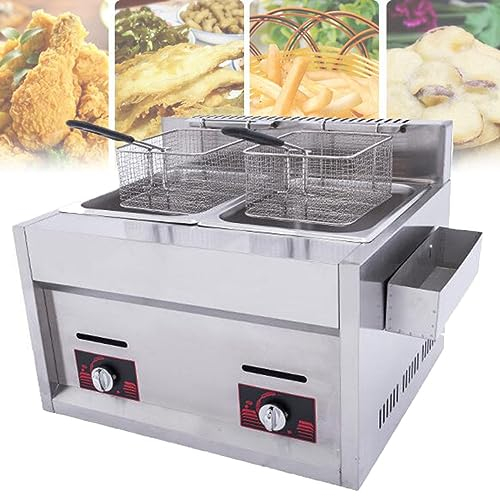 Friteuse à Gaz Professionnelle en Acier Inoxydable, Friteuse à Gaz 10l / 20l, avec Panier Et Couvercle, pour Restaurant à Domicile pour Poulet Frit Et Frites,DoubleCylinder