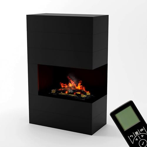 GLOW FIRE Wasserdampf Kamin TUCHOLSKY rechts (Standkamin) - Elektrokamin mit realistischen LED 3D-Flammen, Knistereffekt & Fernbedienung, 90x140 cm - Opti-Myst 600 Elektro Kamin mit Holz-Deko, Schwarz