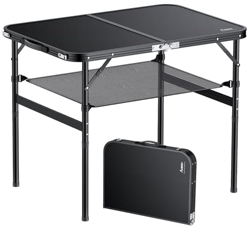 Anbte Folding Camping Table with Storage Net, 3ft Aluminum Small Folding table Adjustable Height Max 70 cm Pure Black 90cm x 60cm Outdoor Table, Lightweight, Portable Handle for Travel, Picnic