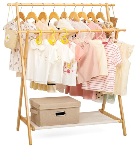 Yorbay Stand Appendiabiti per Bambini con 4 ganci, Attaccapanni per Bambini con Ripiano Inferiore per lo Stoccaggio, Attaccapanni per Bambini, Piccolo e Pieghevole, in Bambù (Naturale)