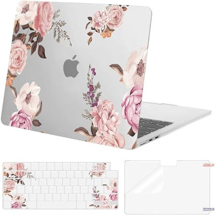 MOSISO Compatible with MacBook Air 13 inch Case M4 M3 M2 2025 2024 2023 2022 A3240 A3113 A2681 Touch ID, Peony Hard Shell Cover for MacBook Air 13.6 inch Case &Keyboard Skin&Screen Film, Transparent