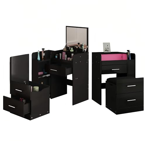 Schminktisch Kleiner Platzsparend mit Klappspiegel und Ausziehbarem Hocker – Frisiertisch mit Spiegel, LED-Beleuchtung, 2 Schubladen & Versteckte Aufbewahrung für Schlafzimmer Wohnzimmer (Schwarz)