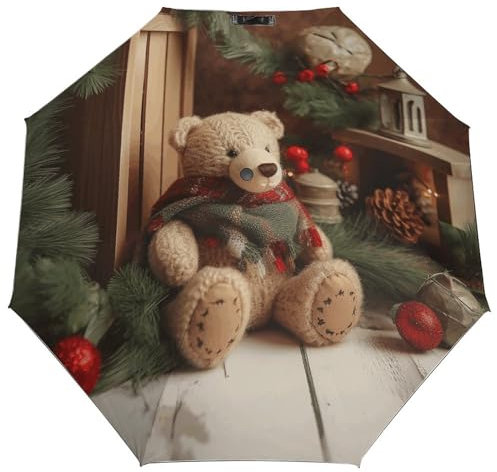 YJWANDL Portable Fold Umbrella Xmas Tree Branch Bear Doll Print Outdoor Umbrella Auto Umbrella with Easy Auto Open/close Button for Single Hand Use, style