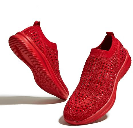 LUCKY STEP Zapatillas de Deporte de Moda, Transpirables y Brillantes, Zapatillas para Correr para Mujer con Purpurina (Rojo, 6US-36EU-3UK)