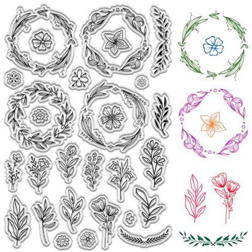 craspire Kranz Klare Stempel Blatt Blume Transparent Retro Gummistempel Wiederverwendbare Silikonstempelsiegel Für Die Tagebuchkartenherstellung Dekor DIY Scrapbooking Zubehör Basteln Filmrahmen