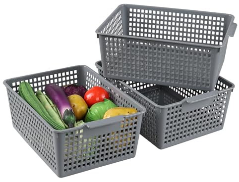 Guankan 3 Pack Large Plastic Baskets for Organzing, Gray Kitchen Cupboard Storage Baskets