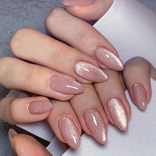 24 Pièces Faux Ongles Court Amande Français Nude Rose Press on Nails Acrylique Couverture Complète Ongles à Coller Ballerine Œil de Chat Brillant Bâton sur Ongles pour Femmes et Filles