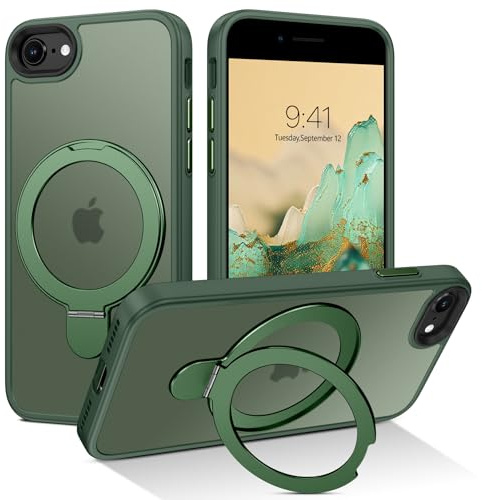 DUEDUE for iPhone SE 2022/2020/7/8 Case with Magnetic Stand, Translucent Matte Green TPU Case with Ring Stand, Compatible with MagSafe, 4.7 Inch, Green