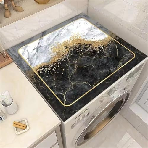 Highdi Marmo Tappetino Antiscivolo Copri Lavatrice Coperchio Antipolvere Lavabile per Lavatrice Asciugatrice Tappetino Antiscivolo per Copertura Frigorifero Protezione (50x60cm,Nero Bianco)