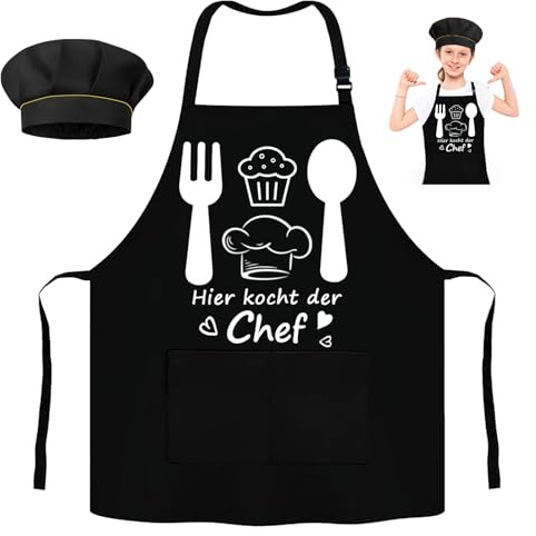 Kochschürze Kinder, Kinderschürze mit Kinder Kochmütze, Schürze Kinder Lustig Grillschürze mit 2 Taschen, Wasserdicht Kochschürze Kinder Backschürze für Jungen Mädchen Beim Kochen Malen Grillen