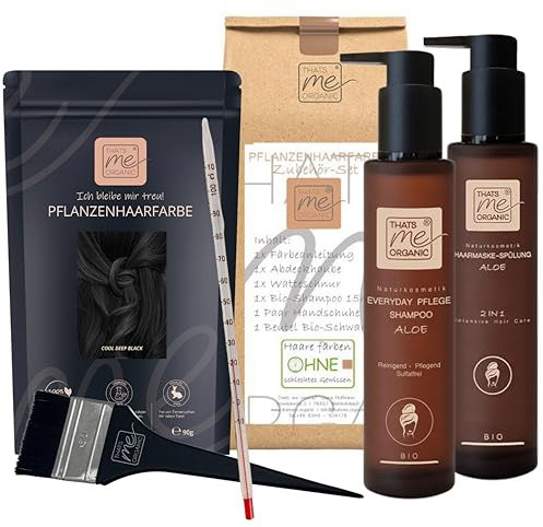 Thats me Organic® Profi Pflanzenhaarfarbe Komplettset (cool deep black) – Bio Haarfarbe ohne Chemie – Haarfarbe für gesundes Haarefärben auch während Schwangerschaft und Stillzeit