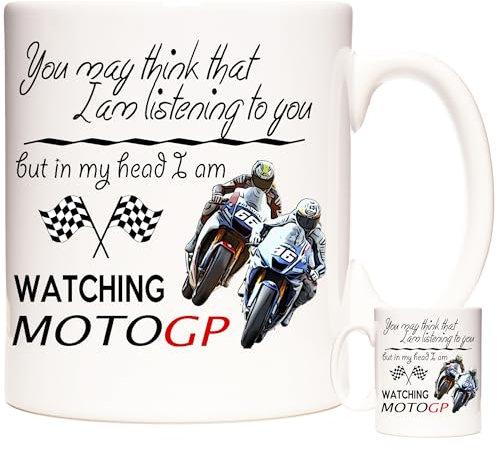 KAZMUGZ Motor Cycle Racing Mug. in My Head I Am Watching MotoGP. 11oz Ceramic White Mug with Pictures of Motorbike Racing.
