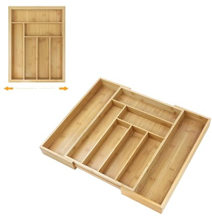 Xinng Cutlery Tray Expandable Bamboo Utensil Organiser Bamboo Silverware Flatware Holder,Portable Cutlery Tray 6-8 Compartments Utensils Holder