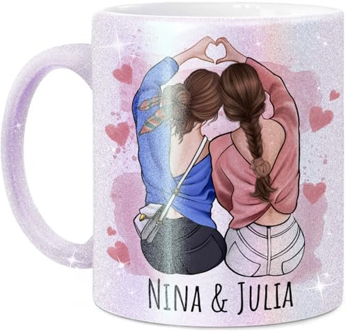 Tassenliebling® - Glitzer Tasse beste Freundinnen personalisiert mit Spruch selbst gestalten - Beste Freundin Tasse - individuelles Geschenk für beste Freundin - Perlmutt - BFF - Freundschaftsgeschenk