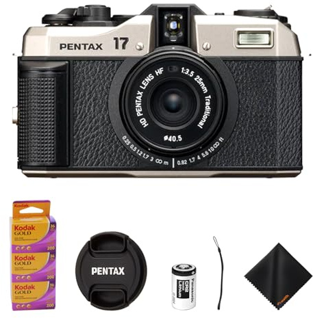 Pentax 17 Compact Film Camera with Half-Frame Format, 25mm F3.5 Lens, Manual ISO 50-3200, 6 Zone Focus, Includes Kodak Gold 200 Color Negative 35mm Roll Film (3 Pack) & Cleaning Cloth Bundle Kit