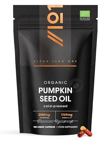 Organic Pumpkin Seed Oil 2160mg – 55% Linoleic Acid – 120 Vegan Liquid Capsules – 1769mg Omega 6 & 9 – Virgin & Cold Pressed – by Alpha01