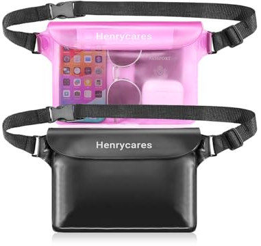 Henrycares 2 Pezzi Marsupio Impermeabile Mare, IPX8 Borsa Impermeabile con Tripla Tenuta, Cintura Regolabile Estesa, Busta Impermeabile Mare per Subacqueo, Spiaggia, Kayak (Nero+cristallo Rosa)