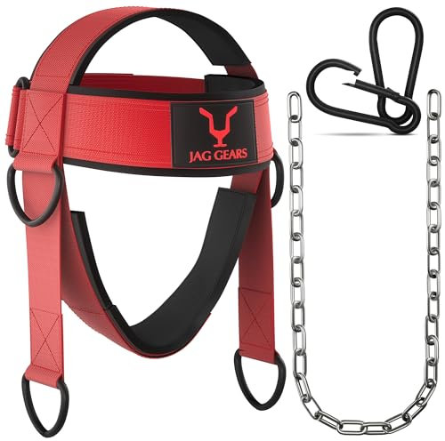 JAG GEARS Neck Trainer Neck Training - 7 mm Neoprene Padded Neck Trainer with 110 cm Long Adjustable Steel Chain Head Harness for Neck Training - Head Harness for Gym, Weight Training (Rot)