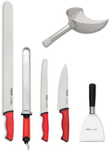 Pirge Set de 6 Couteaux à Döner XXL - Couteau 55cm, Chef, Pain, Fusil 30cm et Pelle à Kebab - Acier Inoxydable Professionnel pour Restaurants