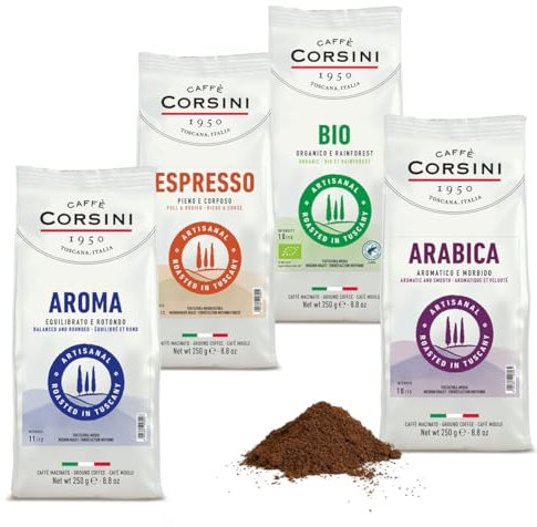 Caffè Corsini - Set Caffè Macinato Degustazione Nuova Gamma, Aromatico, Espresso, 4x250g Totale Set 1Kg