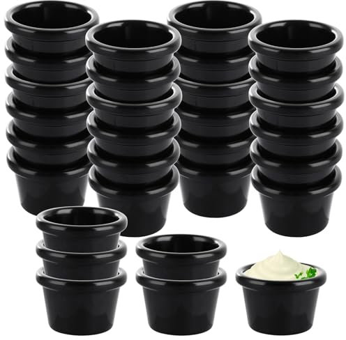 LDHHYH 30Pcs Melamine Sauce Dishes, 1.5oz Traditional Ramekins Condiment Pots (Black), Reusable Round Sauce Cups, Small Bowls for Dips, Suit for Lunch Box, Picnic and Travel