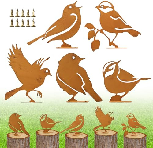 KATIMI 5er Rost Vogel Gartendeko für Draußen Rust Vögel Garten Deko Frühling, Rost Vogel Gartendeko für Draußen Wetterfest, Bird Baumstecker mit Schraube für Gartendekoration Bäume Pfähle oder Zäune