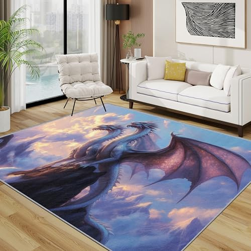 TerroVee Drache Teppich Wohnzimmer 200x300 cm,Fantasty Wildlife Teppiche Waschbar Für Schlafzimmer,Jungen Waschbar rutschfest Weich Groß Esszimmer, Blau Hellviolett