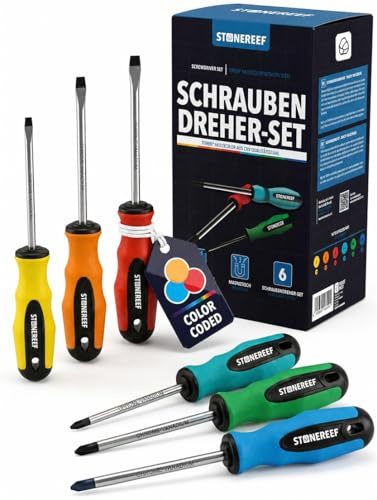 Schraubendreher Set 6 tlg magnetisch Schlitz Kreuzschlitz CRV Stahl | Die sechs Größen, die man täglich braucht – magnetische Spitze, Chrom-Vanadium-Stahl, rutschfester Griff