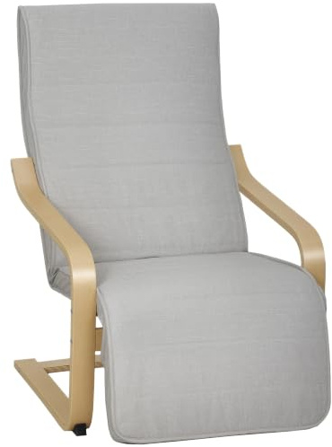 HOMCOM Lounge-Sessel mit Verstellbarer Fußstütze, Leinen gepolsterter Lounge-Sessel mit Holzgestell, Relax-Sessel für Schlafzimmer, Büro, Arbeitszimmer, 66,5x94x100 cm, Hellgrau