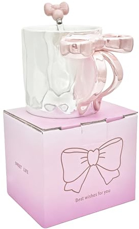 350ml Keramik Tasse mit Schleife, Elegante Schleifen Tasse mit Griff, Tasse mit Schleifengriff und Löffel, Bezaubernde Schleifenbecher, für Frau Freundin Mama Kollegin, Spülmaschinengeeignet(Rosa)
