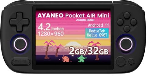 AKNES AYANEO Pocket AIR Mini Console Portatile Retro, Schermo HD 4,2 500 Nits (1280x960 LCD, 60Hz), Sistema Android 11 con Helio G90T, Joystick & Grilletto Hall, 2GB+32GB – Aurora Nero